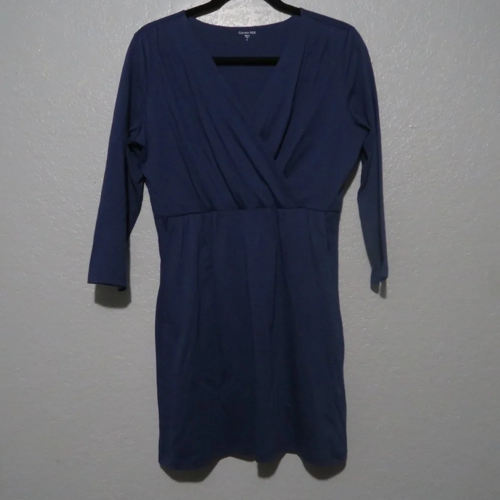 Garnet Hill‎ Mini Dress Pima Cotton V-neck 3/4 Sleeves Navy Blue Versatile